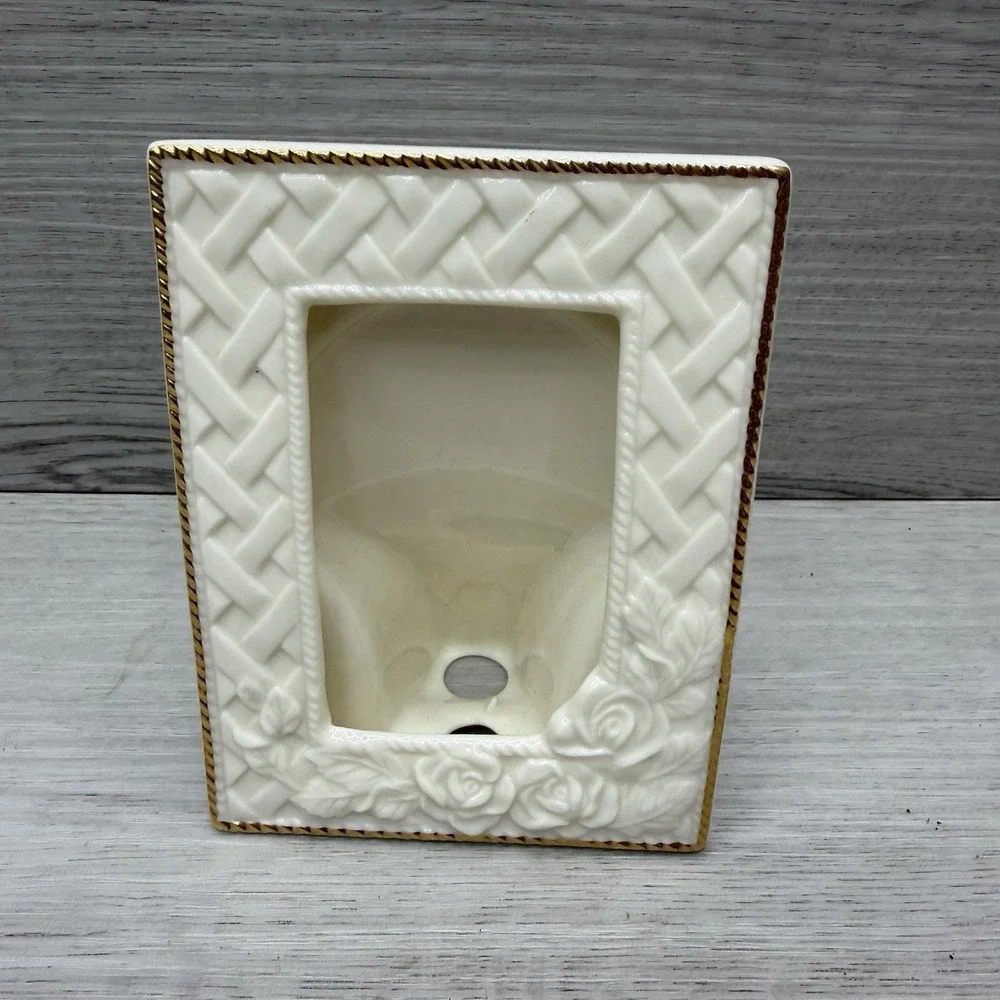 Mini Ceramic Picture Frame Basket Weave Roses Ivory Gold Trim 5x3.5